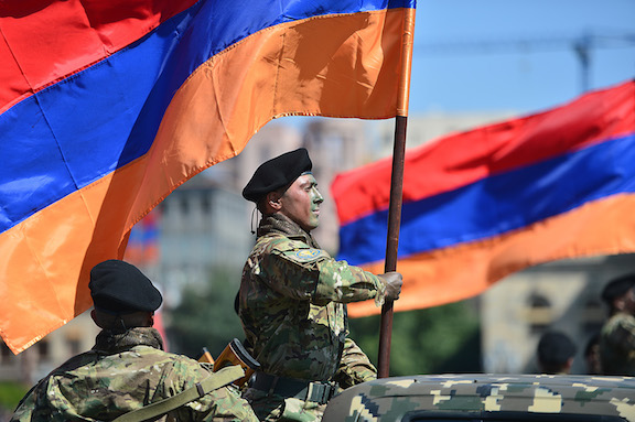 An Armenian soldier during Wednesday's military parade in Yerevan