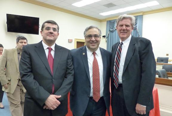 Artsakh Prime Minister Arayik Harutyunyan with ANCA Executive Director Aram Hamparian and Congressional Armenian Caucus co-chair Rep. Frank Pallone