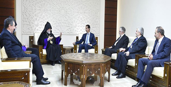 A scene from the meeting between Syrian President Bashar al-Assad and Catholicos Aram I (Photo: Sana)