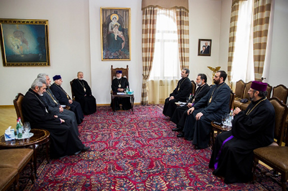A scene from the meeting at ETchmiadzin headed by Catholicos Karekin II and leaders of the Istanbul Patriarchate