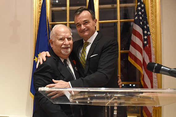 Gérard Araud (right), French ambassador to the United States, embraces Vartan Gregorian, president of Carnegie Corporation of New York. (Photo: Carnegie Corporation of New York)