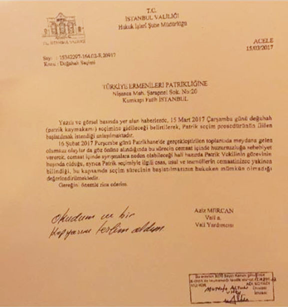 The letter by the Istanbul Governor's office claiming the process is illegal