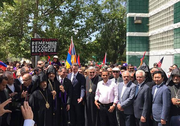 Group of public officials and dignitaries at Pan Pacific Park ahead of March for Justice