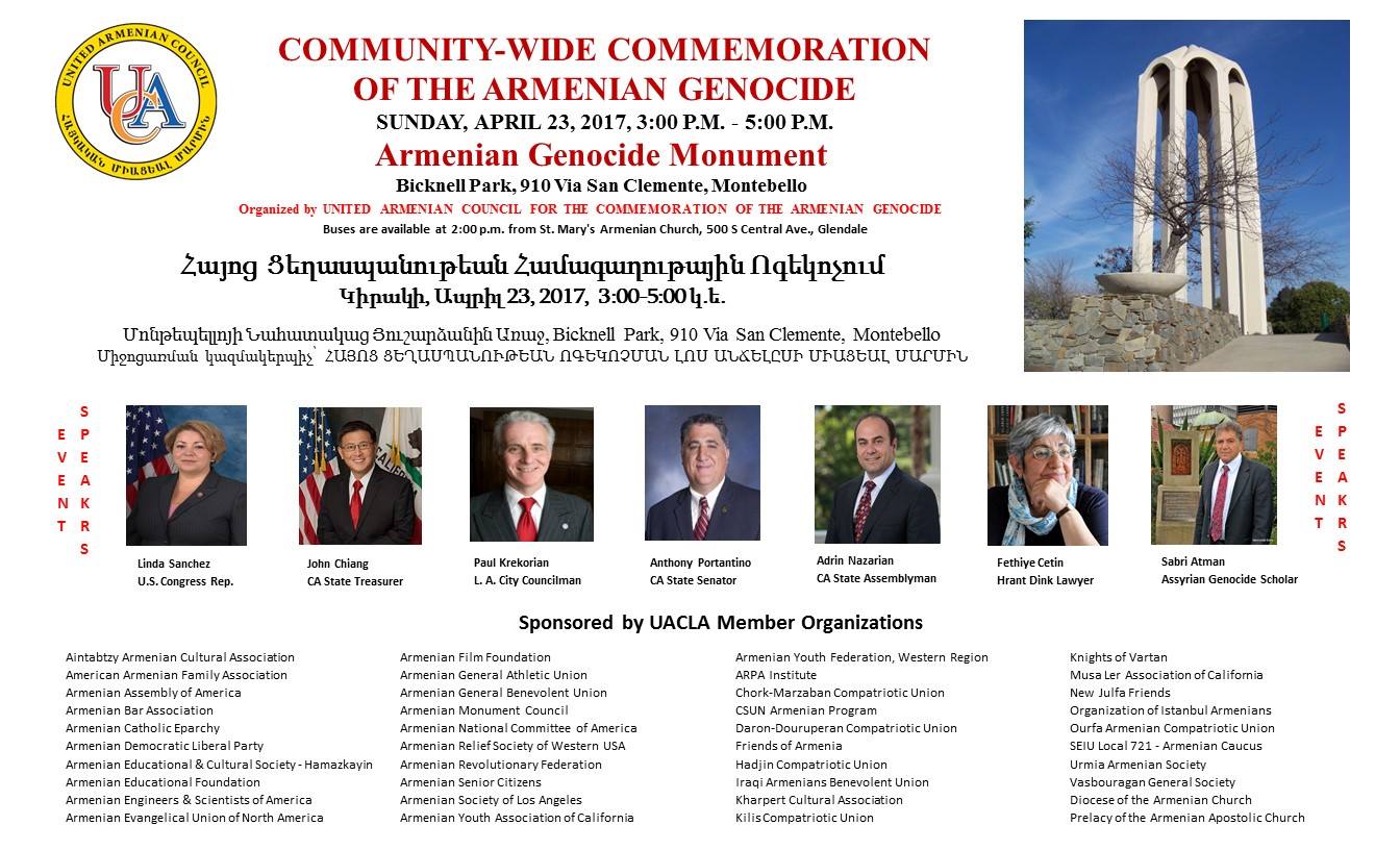 United Armenian Council for the Commemoration of the Armenian Genocide - Los Angeles will host an Armenian Genocide Commemoration event at the Armenian Genocide Martyrs Monument in Montebello, California on April 23, 2017 from 3-5pm