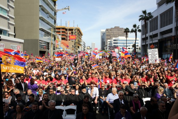 A view of the March for Justice to the Turkish Consulate on April 24 that brought together tens of thousands in Los Angeles.