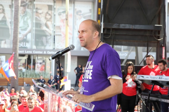 LAUSD President Steve Zimmer led the crowd by chanting “I will tell the truth” several times throughout his address.