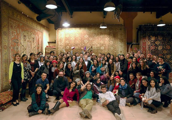 Birthright Armenia participants enjoying Christmas party at the Magerian Carpet Factory