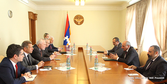 OSCE Minsk Group delegation (left) meets with Artsakh President Bako Sahakian