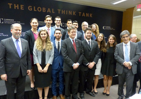 The ANCA's Aram Hamparian and Tereza Yerimyan with the 2017 Leo Sarkisian Internship and Hovig Apo Saghdejian Capital Gateway Program team at a Carnegie Endowment for Peace event with former U.S. Ambassadors to Armenia John Evans and John Ordway, as well as, former Armenian Ambassador to the US Ruben Shugarian.