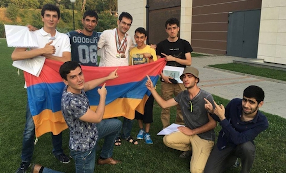 Armenian students competing in an international math olympiad proudly show the tri-color