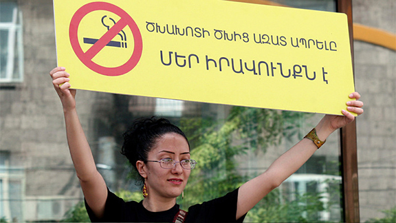 An anti-smoking advocate demonstrating in Armenia.