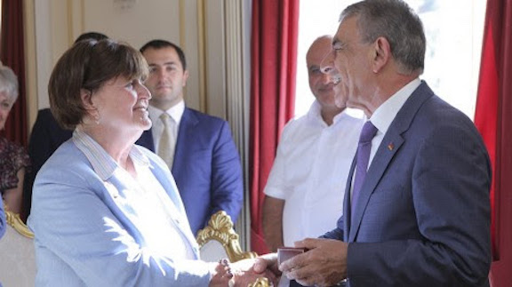 Baroness Cox is greeted by Armenia's Parliament Speaker Ara Babloyan