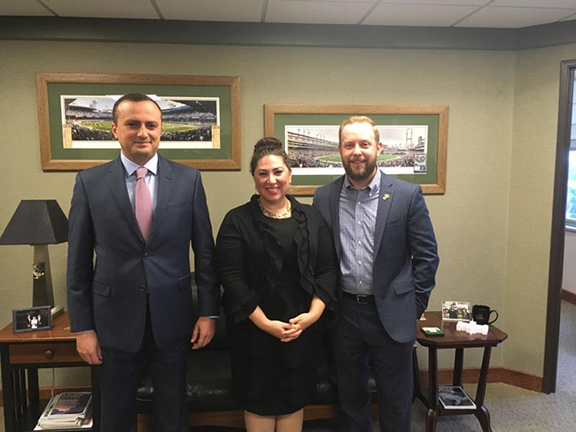 Lead sponsor of Republic of Artsakh recognition measure Sen. David Knezek with NKR Representative to the U.S. Robert Avetisyan and ANC of Michigan Chair Lara Nercessian