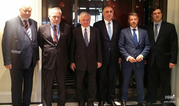 From left to right: Andrzej Kasprzyk, Igor Popov, Edward Nalbandian, Elmar Mammadyarov, Stéphane Visconti, Andrew Schofer after a meeting in New York in September