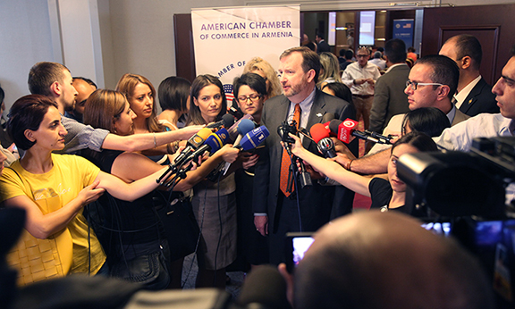 Ambassador Richard Mills addressing the press. (Photo: U.S. Embassy of Armenia)