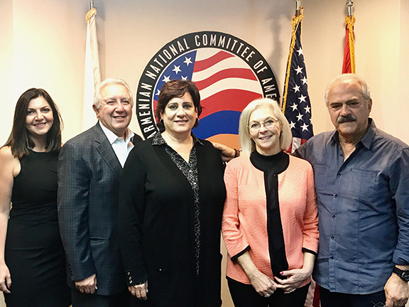 Dr. Kathie Allen meets ANCA-WR leadership at organization’s headquarters to discuss Armenian-American priorities and her race for Congress. From left: Consultant for Dr. Allen’s campaign and former ANCA-WR Executive Director, Elen Asatryan; ANCA-WR Board member Berdj Karapetian; ANCA-WR Chair Nora Hovsepian; Dr. Kathie Allen; and ANCA-WR Advisory Board member Levon Kirakosian.