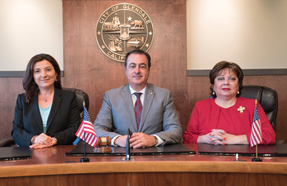 From l to r: GUSD Board President Nayiri Nahabedian, Glendale Mayor Vartan Gharpetian, GCC Board President Dr. Armine Hacopian