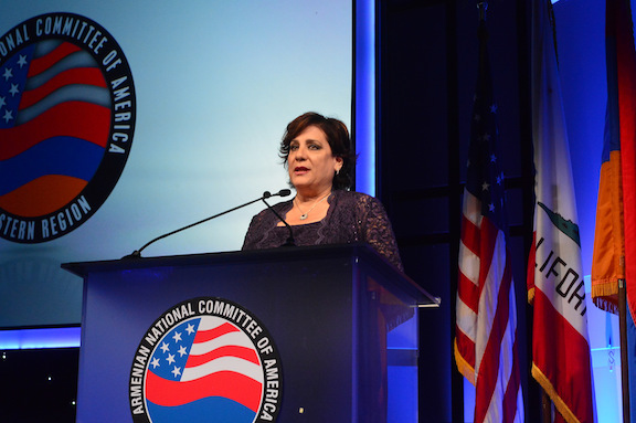 ANCA-WR Board Chairwoman Nora Hovsepian presents remarks during the organization's annual gala last month