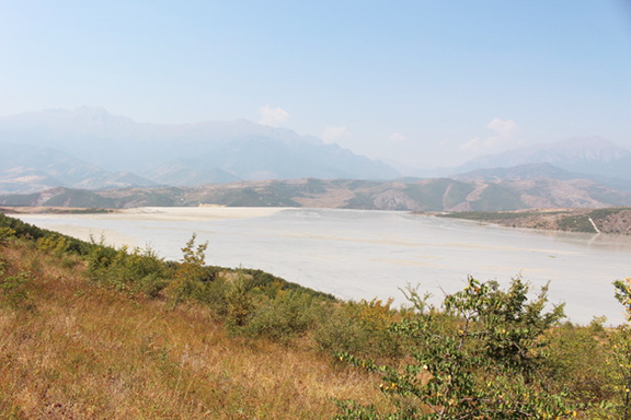 Liquid mine waste fills valley near Kapan, Syunik province