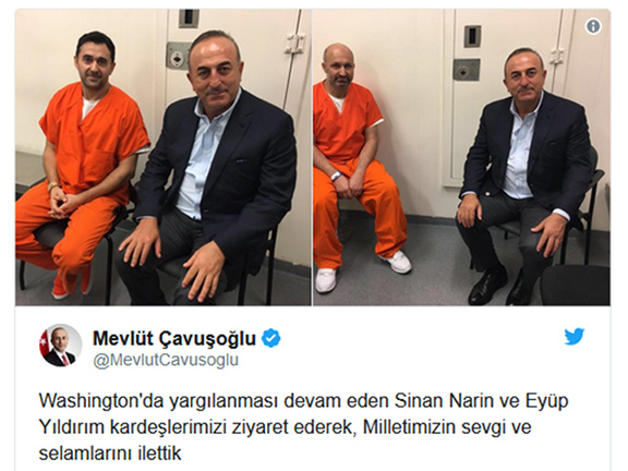 Turkey Foreign Minister Mevlut Cavusoglu proudly tweeted his September jailhouse visit with Eyup Yildirim and Sinan Narin, arrested and charged for the Erdogan-ordered brutal beating of peaceful protesters in May. The tweet reads: "We visit and send the love and regards of our nation to our brothers Sinan Narin and Eyup Yildirim, who are under arrest in Washington."