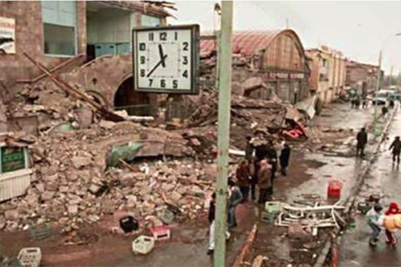 A clock in Gyumri stopped at 11:37 a.m., the time the devastating earthquake hit Armenia on Dec. 7, 1988