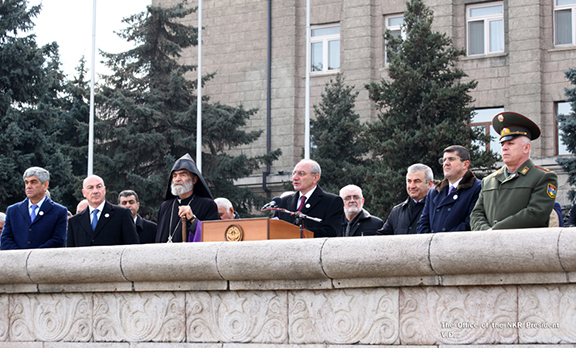 Artsakh President Bako Sahakian delivers remarks during the celebration