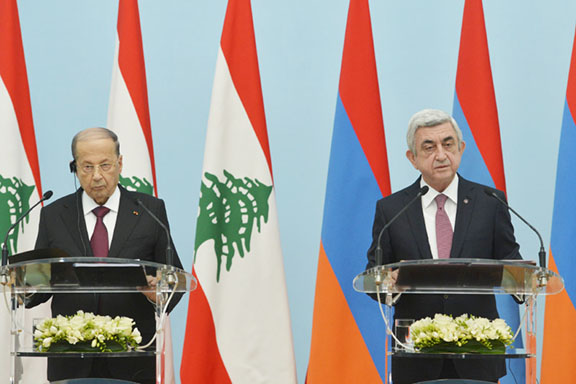 Lebanese President Michel Aoun (left) with President Serzh Sarkisian brief the press after their meeting in Yerevan Thursday