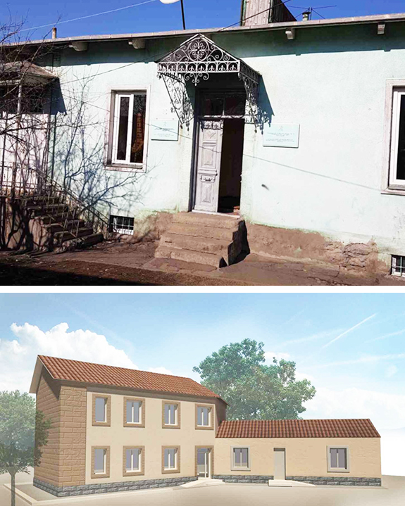 The Akhaltskha youth center (top) is currently in disrepair. Above, an architects's rendering of the proposed renovated center