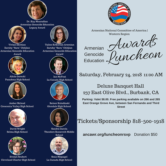 The ANCA-WR will honor eight educators with the Armenian Genocide Education Award