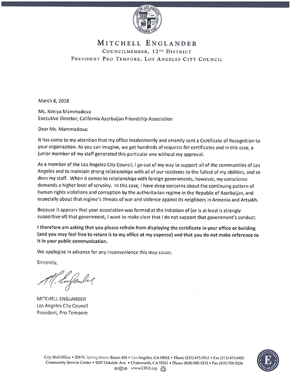A copy of the letter sent by Englander to the California Azerbaijan Friendship Association rescinding his recognition certificate