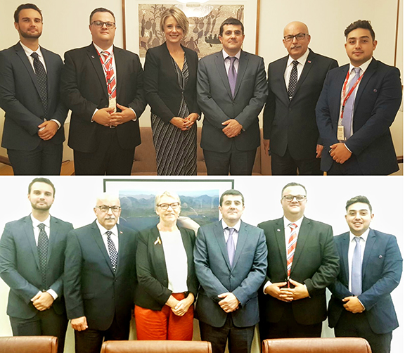 Top: Artsakh State Minister Arayik Harutunyan (third from right) and ANC of Australia delegation with Senator Janet Rice, Above: Artsakh State Minister Arayik Harutunyan (third from right) and ANC of Australia delegation with Senator Kristina k Keneally