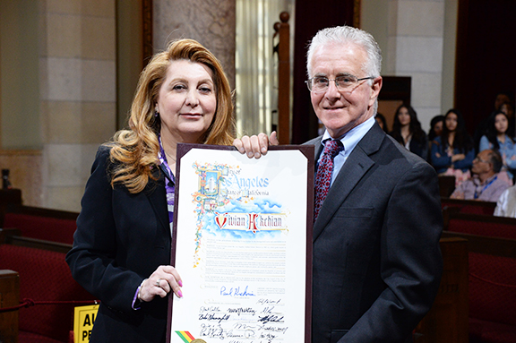 LA Unified School District interim superintendent Vivian Ekchian with Councilmember Krekorian