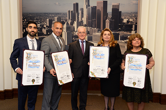 Councilmember Paul Krekorian (center) with from left Manouk Avedikyan of the Shoah Foundation, Armen Hovannisian accepting for his father, Richard; Vivian Ekchian and Susan Injejikian accepting on behalf of Gabriel Injejikian