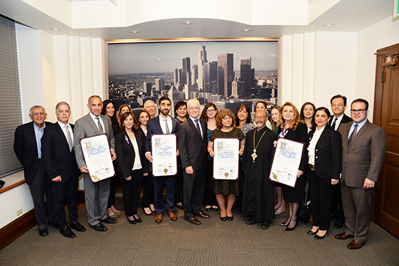 The honorees and community members with Councilmember Paul Krekprian (center) during Wednesday commemoration