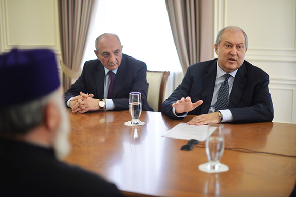 President of Artsakh Bako Sahakian (left) during a meeting on Monday with Armenia's President Armen Sarkissian