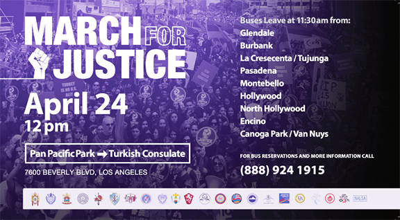The annual March for Justice to commemorate the Armenian Genocide will take place on Tuesday, April 24 at the Turkish Consulate