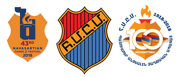 HOMENTMEN EMBLEMS: From left, this year's 43rd Navasartian Games; the organization's official logo, the official centennial logo
