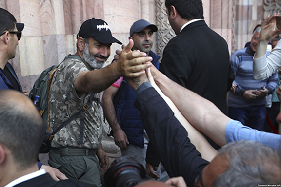 Leader of Armenia's popular movement Nikol Pashinyan at a rally on Wednesday