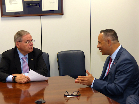 Senate Foreign Relations Committee Ranking Member Robert Menendez (D-NJ) discussing opportunities for a new MCC STEAM education grant for Armenia with ANCA Chairman Raffi Hamparian