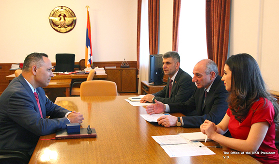ANCA Chairman Raffi Hamparian (left) meets with Artsakh President Bako Sahakian on Monday in Stepanakert