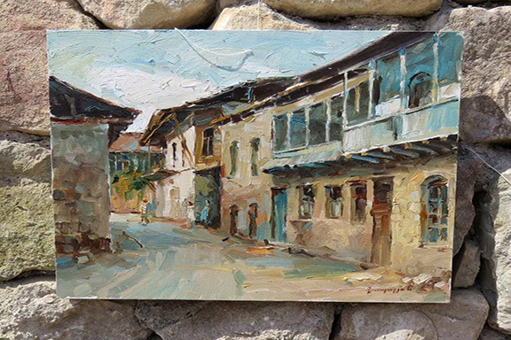 One of the featured artworks depicting Hadrut's architecture.