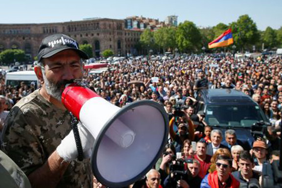 Nikol Pashinyan addresses protesters during Armenia's Velvet Revolution this spring