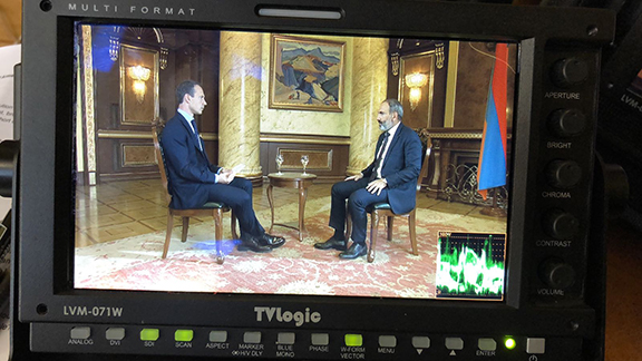Prime Minister Nikol Pashinyan being interviewed by Al Jazeera's Robin Forestier-Walker