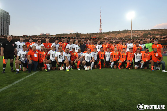 The football legends at the Vazgen Sargsyan Republican Stadium in Yerevan.