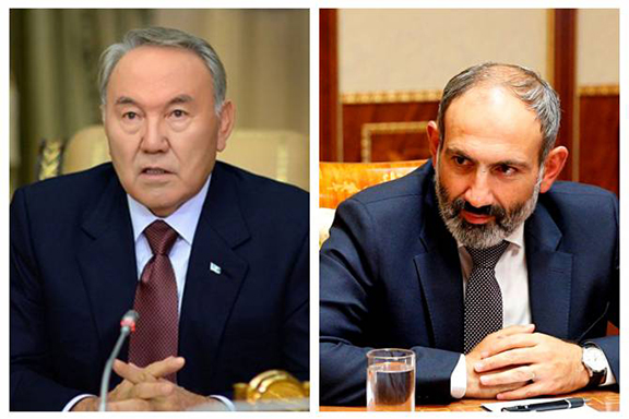 Kazakhstan President Nursultan Nazarbayev (left) and Armenian Prime Minister Nikol Pashinyan