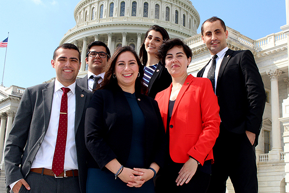 ANCA Hovig Apo Saghdejian Fall 2018 Capital Gateway Fellows with Program Director Tereza Yerimyan. From Left to Right: Paul Iskajyan, Peter Sahagian, Yerimyan, Lucine Mikhanjian, Mariam Matevosyan, and Haykaz Nazlukhanyan. Not pictured, Haig Sarajian.