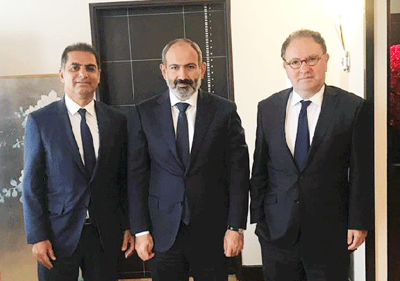 CCAF co-chairs, ARF Bureau member Murad Papazian (left) and Ara Toranian (right) flank Prime Minister Nikol Pashinyan in Paris on Sept. 14