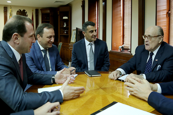 Rudy Giuliani meets with Armenia's Acting Defense Minister Davit Tonoyan in Yerevan on Oct. 22, 2018