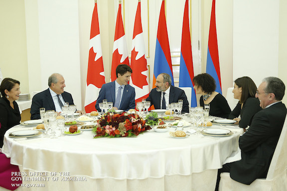 A state dinner hosted by Pashinyan in honor of Trudeau was also attended by President Armen Sarkissian and first lady, Nune