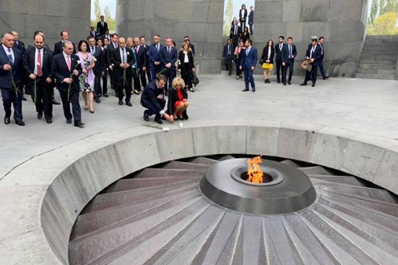 French President Emanuel Macron and First Lady, Brigitte at Dzidzernagapert Memorial Monument on Oct. 11, 2018